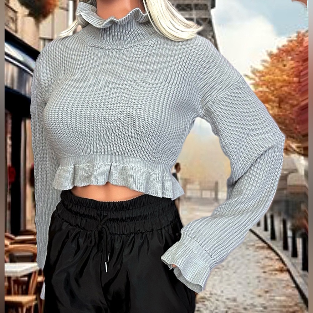Ruffle Trim Knit Mock Crop Top